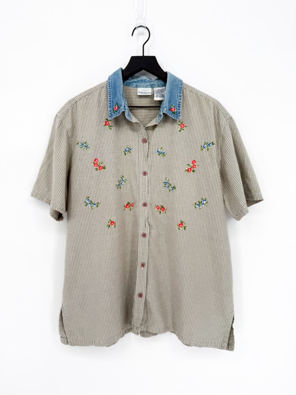 Vintage Bobbie Brooks Cottagecore Embroidered Gingham Top Denim Collar 18W/20W